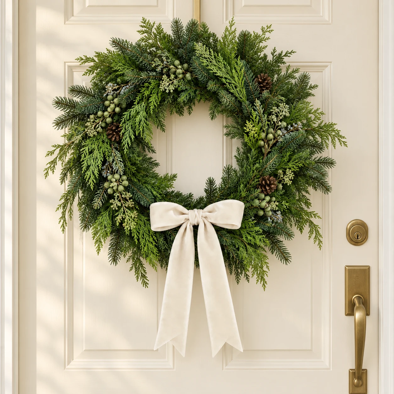 The Evergreen hanging on a cream paneled front door; generated setting