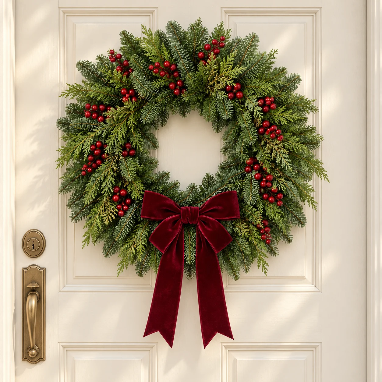 Winterberry hanging on a cream paneled front door; generated setting