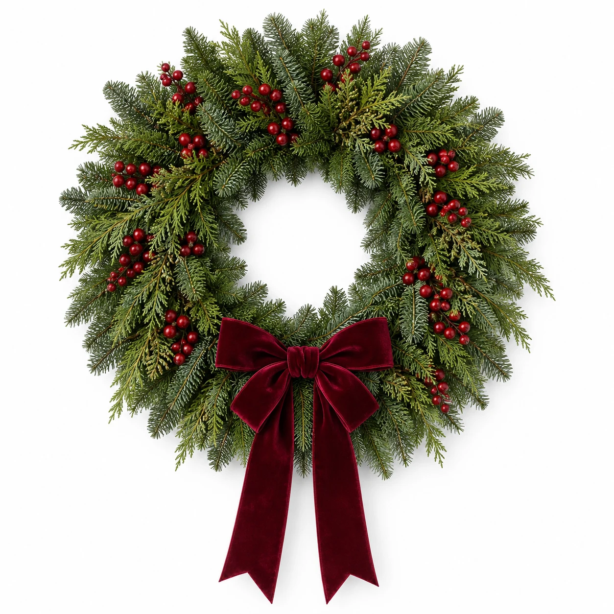 Sample evergreen wreath with red berries and a burgundy velvet ribbon on white
