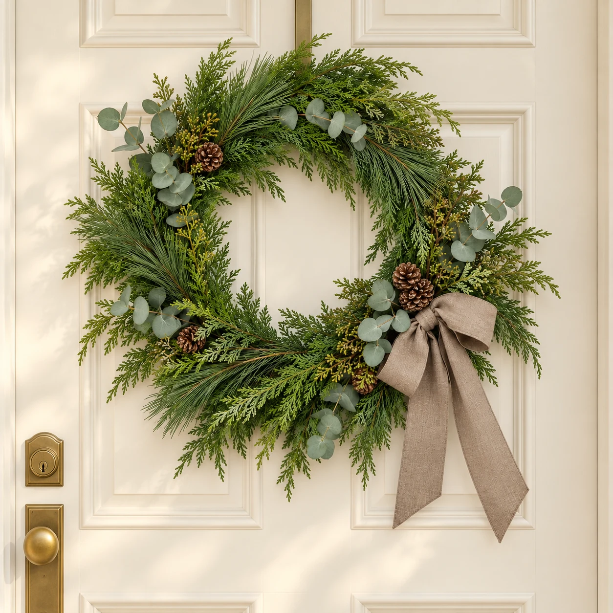 Woodland hanging on a cream paneled front door; generated setting