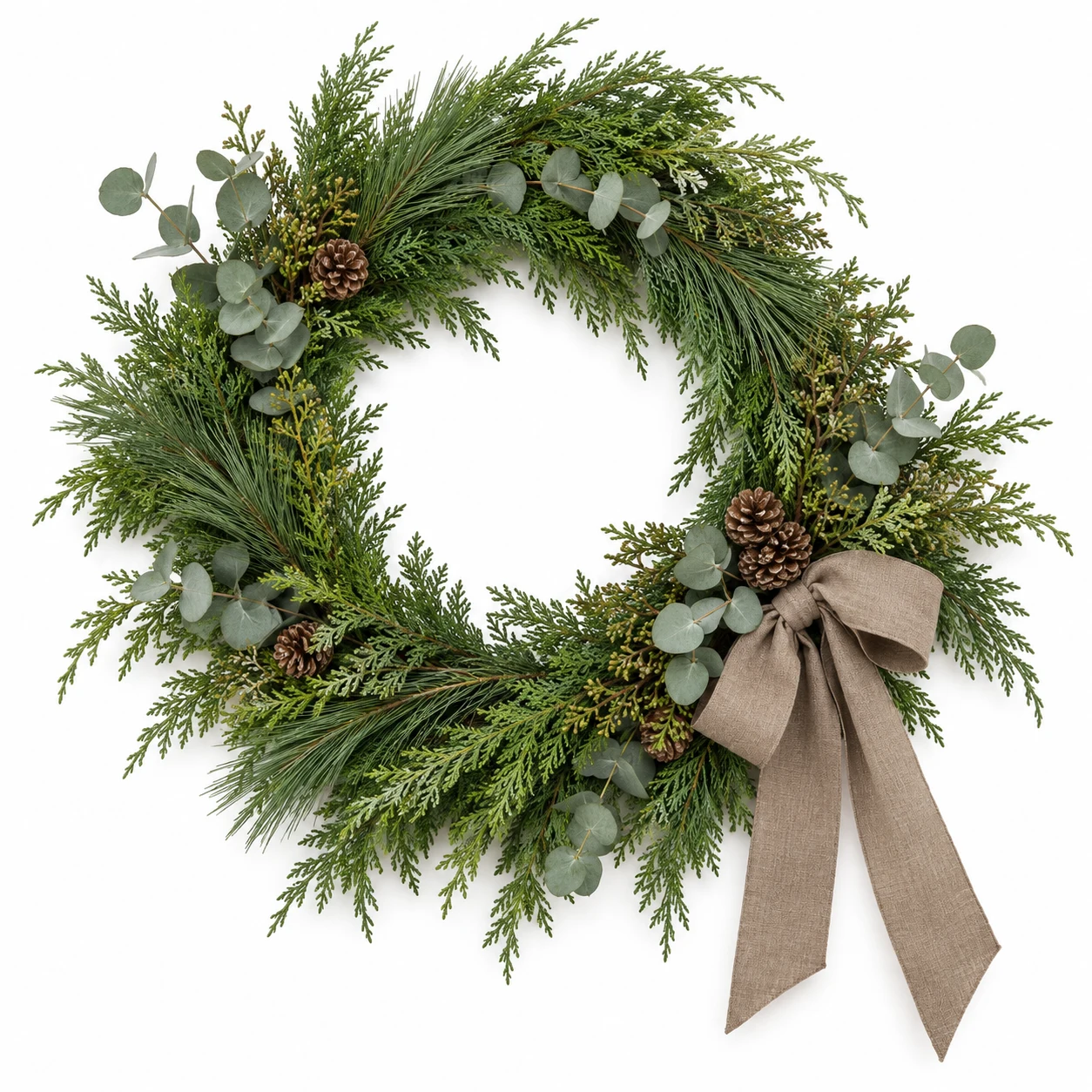 Sample woodland wreath with pinecones, eucalyptus, and brown linen ribbon on white