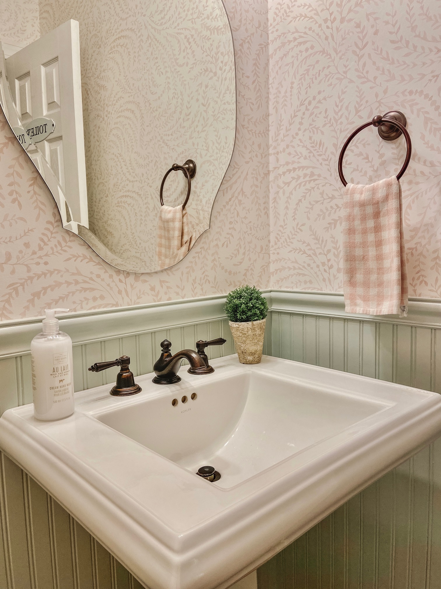Powder Room Update Sherwin Williams Sea Salt + Serena and Lily Priano
